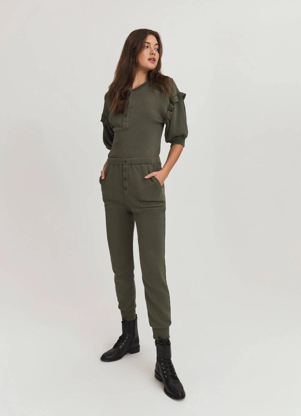 Something Navy Esmeralda Olive Green Terry Ruffle Henley Puff Sleeve Jumpsuit S